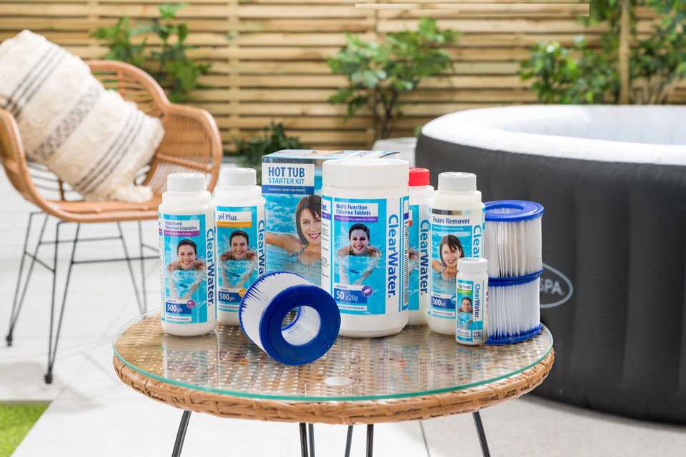 The entire range of ClearWater® hot tub chemicals on display.