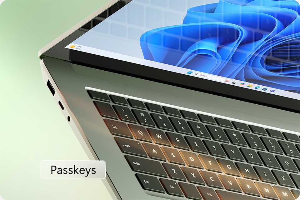 Home screen displayed on a silver Windows 11 PC configured with passkeys.