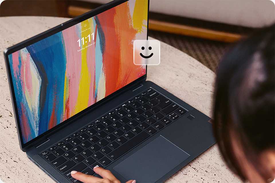 A woman using Windows Hello facial recognition for accessing her Windows 11 PC.