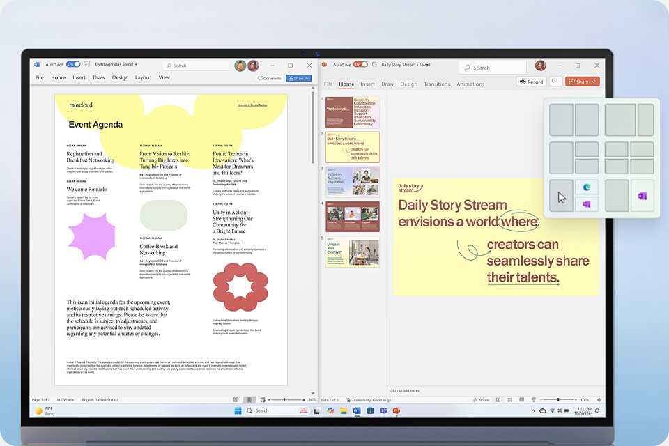 Copilot AI in use to snap excerpts out of a document and paste them to build a presentation.