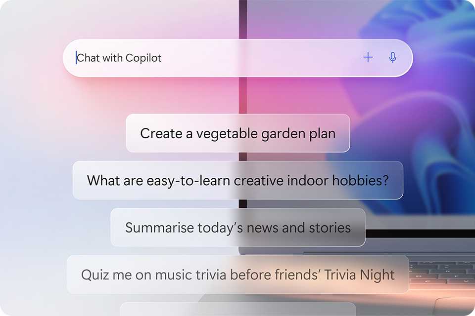 Copilot AI prompts on the screen of a Windows 11 PC.