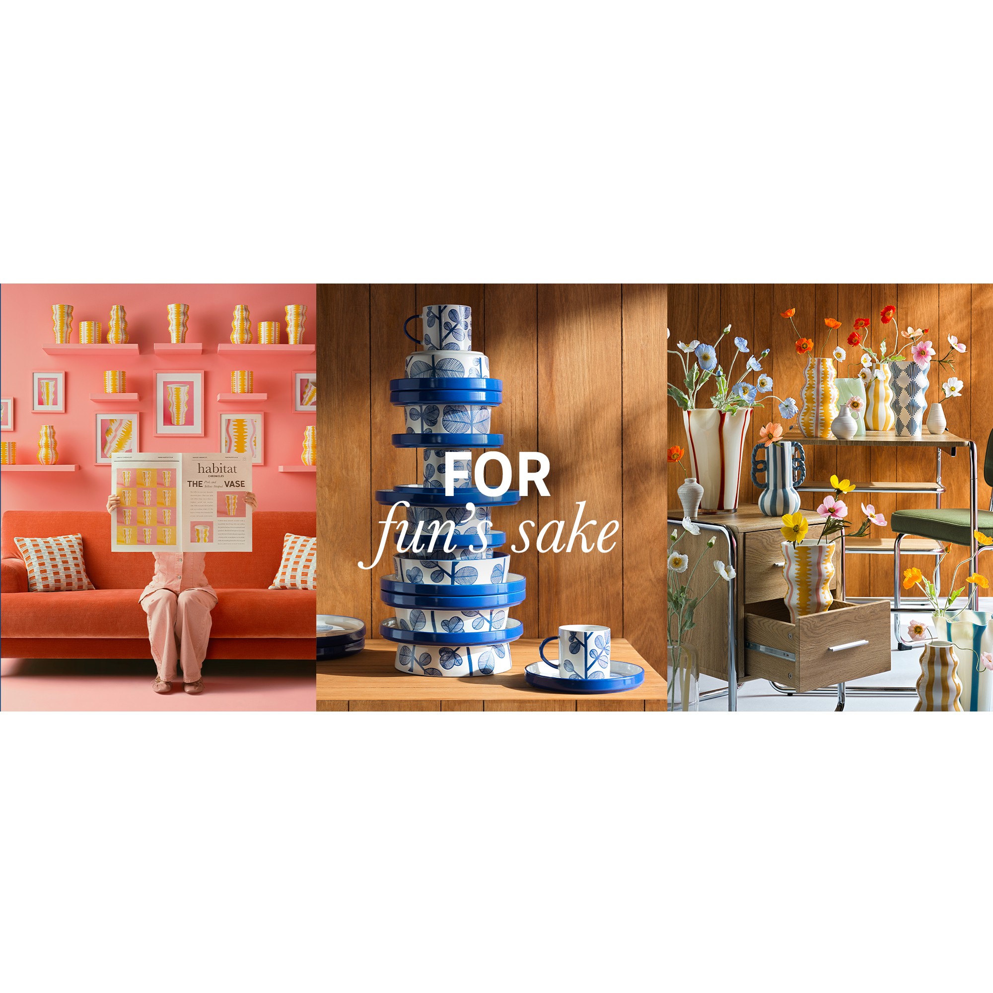 A banner with a pink sofa and a yellow vases, Habitat blue patterned mugs and tableware, and colourful flowers in vases in a room.