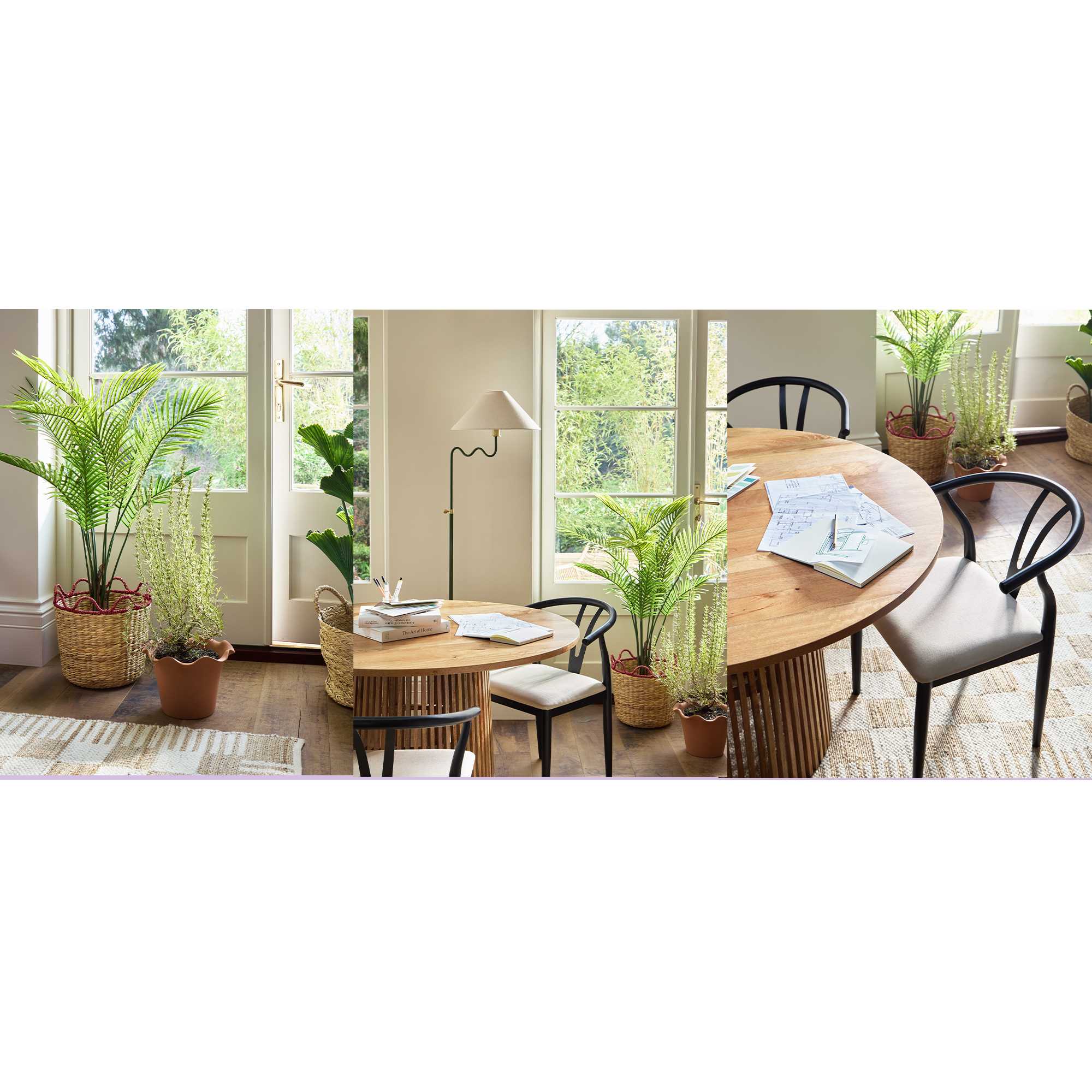 A picture collage of a wooden dining table and black and grey dining chairs with faux indoor plants placed nearby.