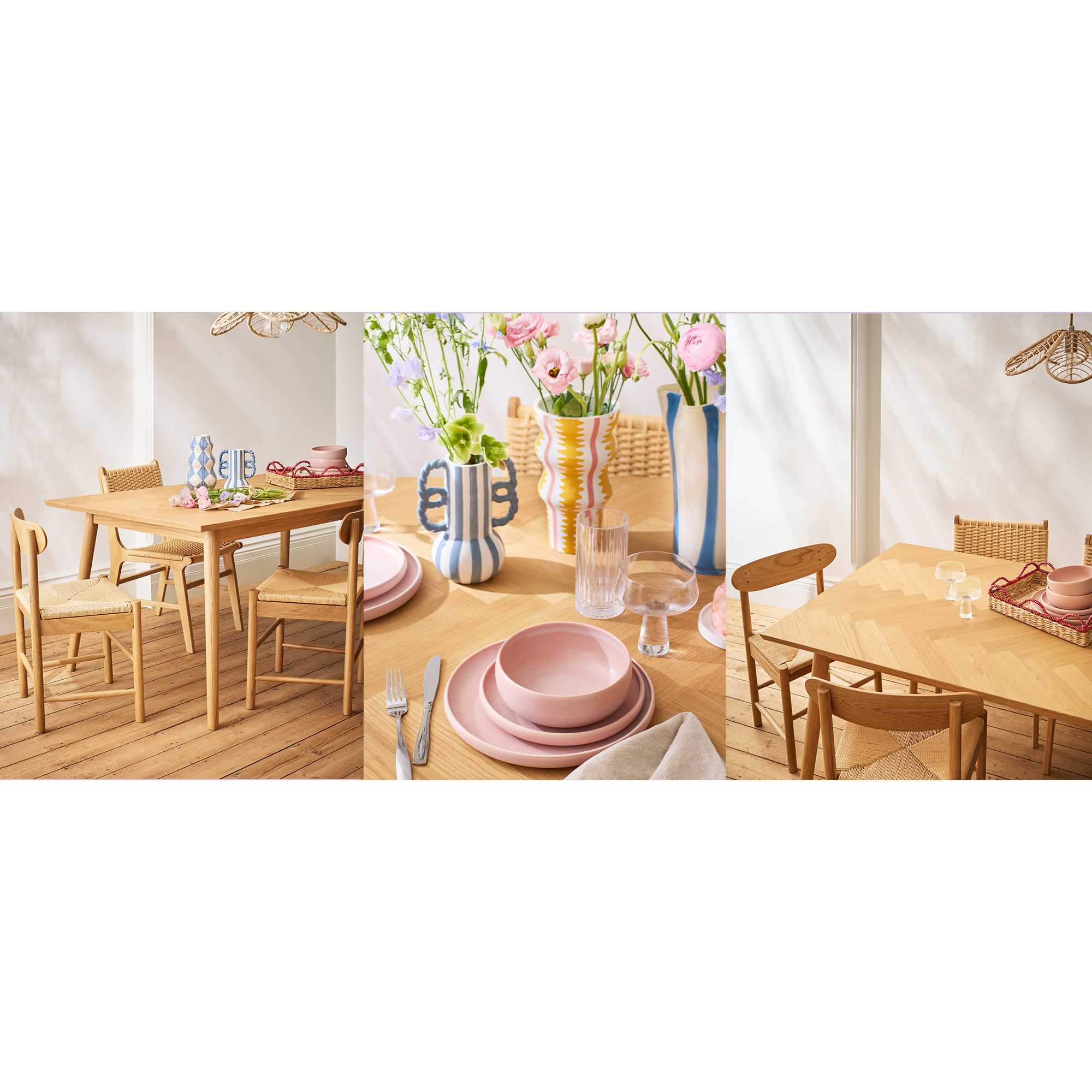 An inspirational picture collage of Habitat dining room products including a wooden dining table, rattan lamp, colourful vases, tableware and more.
