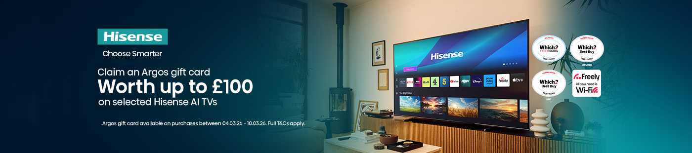 Hisense. Choose smarter. Claim on Argos gift card worth up to £100 on selected Hisense TVs.