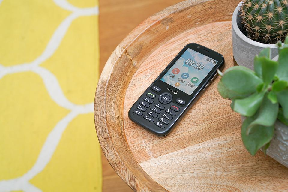 A Doro 7010 lies on a small wooden table, next to two potted succulents.