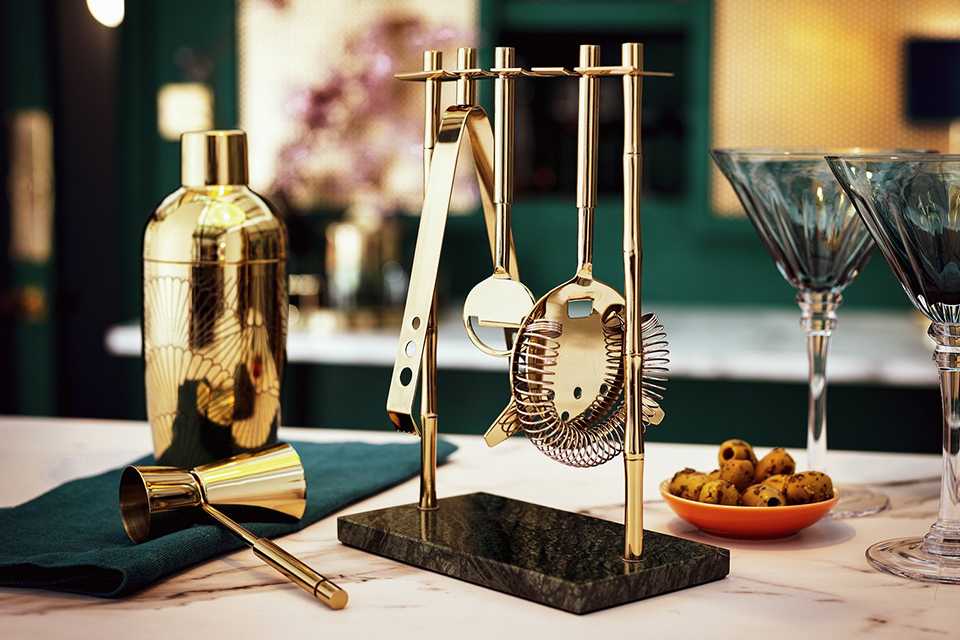 Habitat Japonica cocktail set placed on a marble finish bar counter.