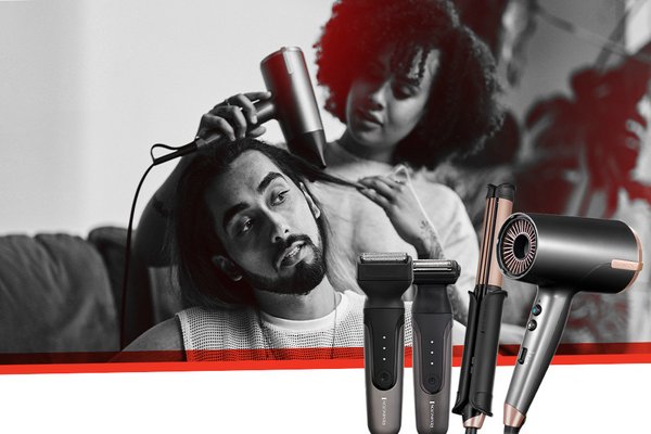 A woman styling a man's hair using a Remington ONE™ hairdryer.