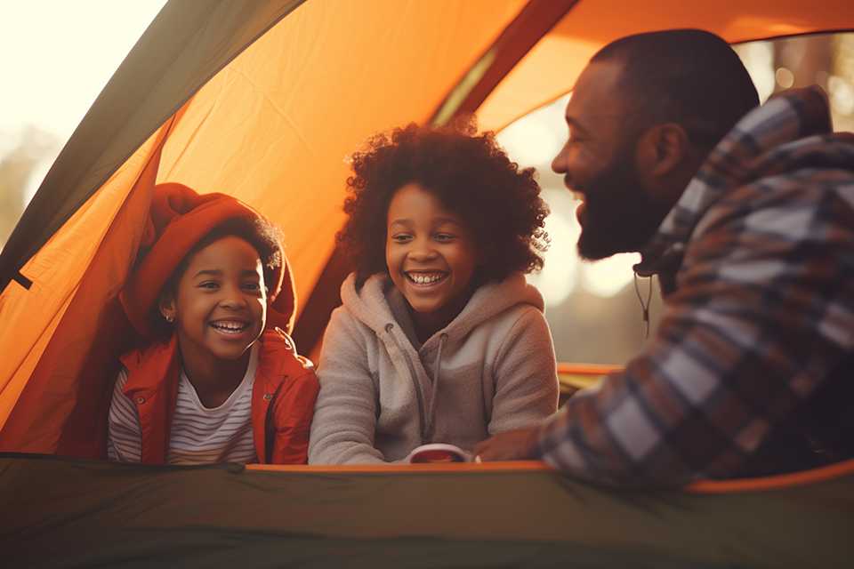 Two girls in a tent camping with their father.