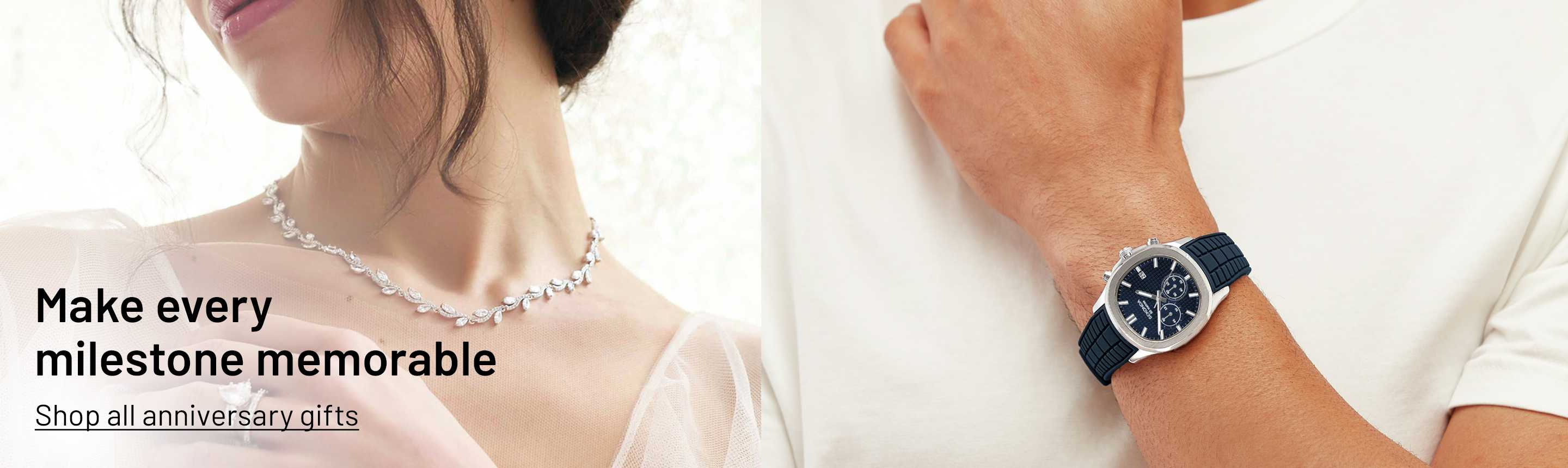 A split banner image of a man wearing Sekonda Men's Octaire Navy Silicone Strap Watch, Activity Superstore Mega Choice For Couples Gift Experience, and Jon Richard Cubic Zirconia Pave Wave Leaf Necklace.