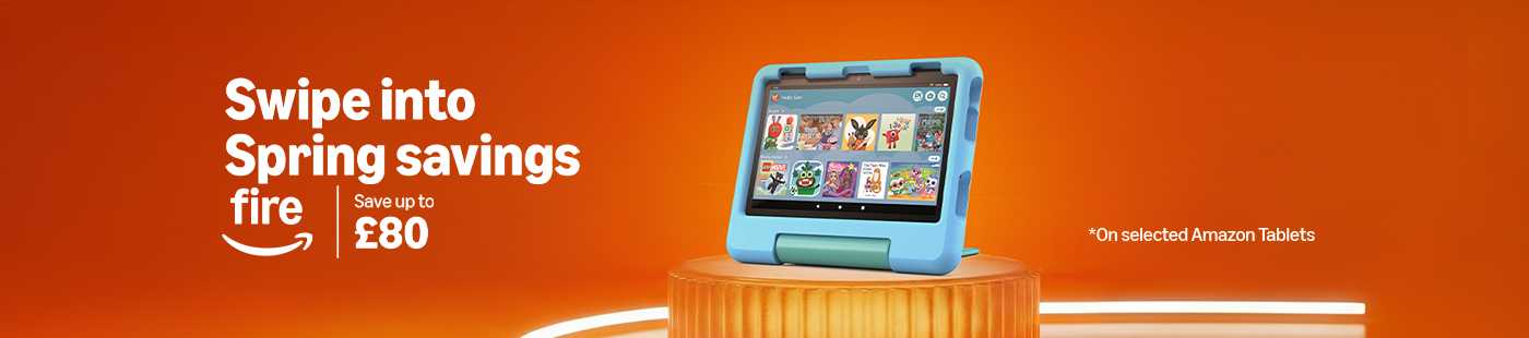 Amazon Fire. Swipe into Spring savings. Save up to £80 on selected Amazon tablets.