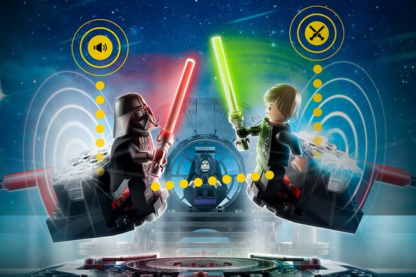 LEGO Star Wars SMART Minifigures fighting with lightsabers and interacting with each other via the new SMART Play system.