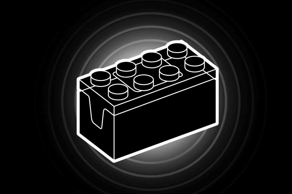 Line drawing of the new LEGO SMART Brick on a black background.