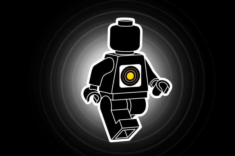 Line drawing of a new LEGO SMART Minifigure on a black background.