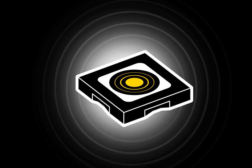 Line drawing of the new LEGO SMART Tag on a black background.