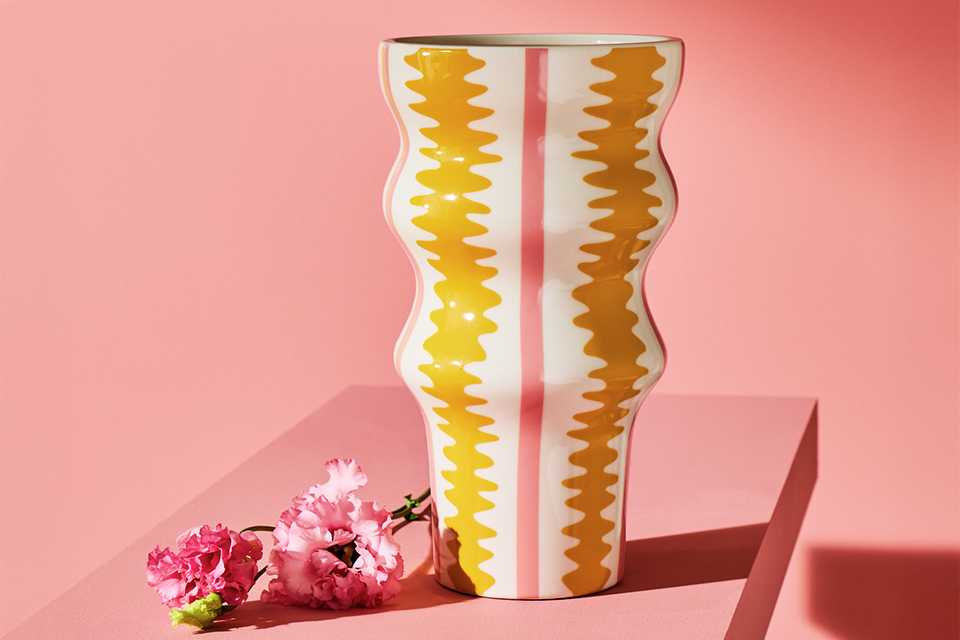 Habitat Stripe Flared Ceramic Pink & Yellow Vase.