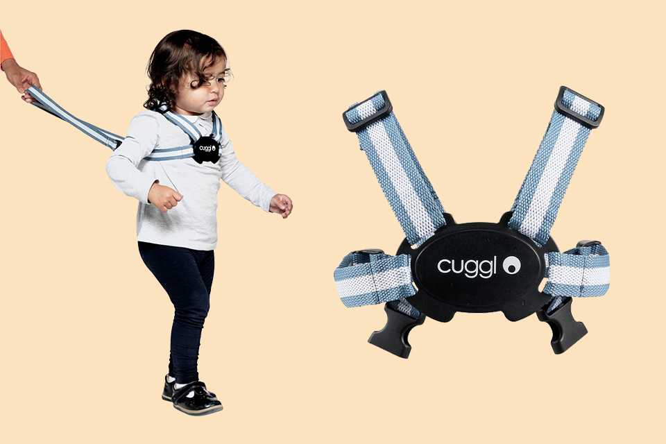 A toddler wearing a safety harness while walking.