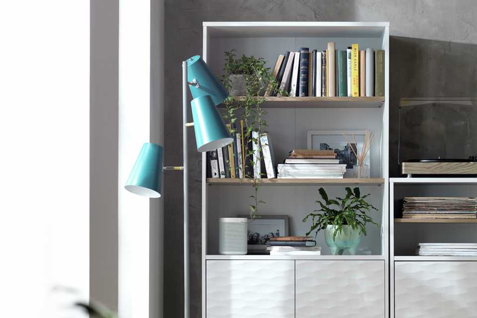 A Habitat Zander tall textured bookcase in white and oak-effect.