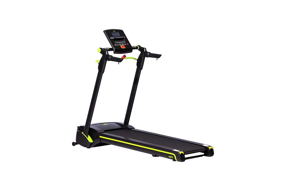 A black and yellow opti easy folding treadmill.