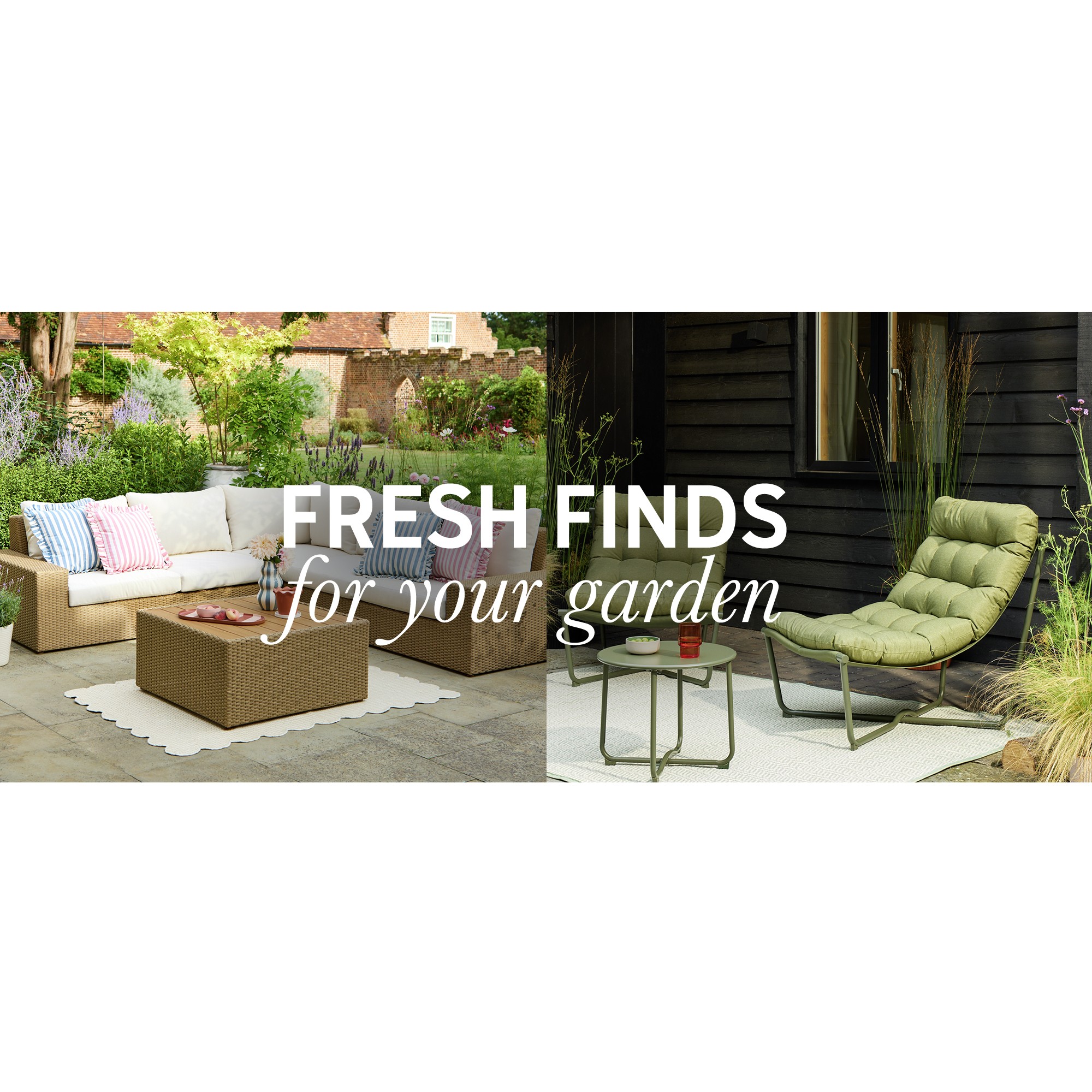 A split image of Habitat June 5 Seater Garden Sofa Set and Habitat Scoop 2 Seater Metal Garden Bistro Set - Green.