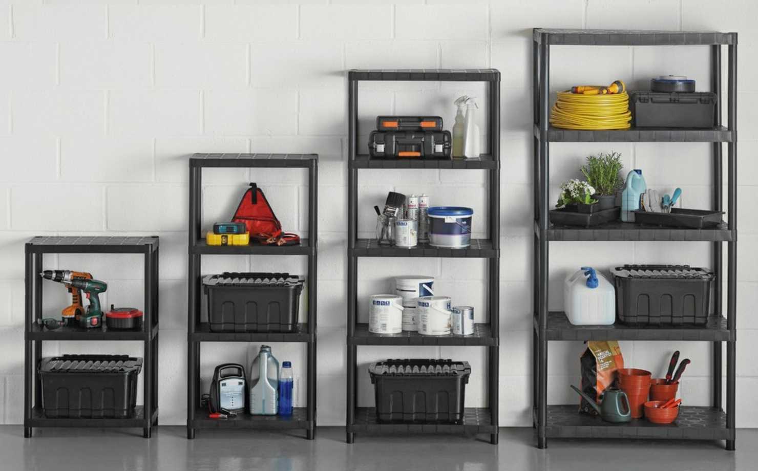 Freestanding shelves in garage in black for storage