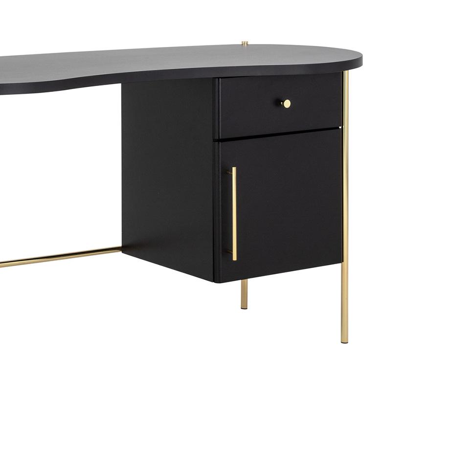 Black desk with gold accents.