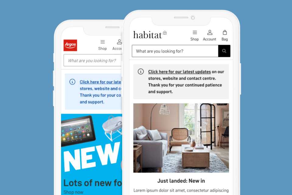 2 mobile phones, one with Argos website, one with Habitat.