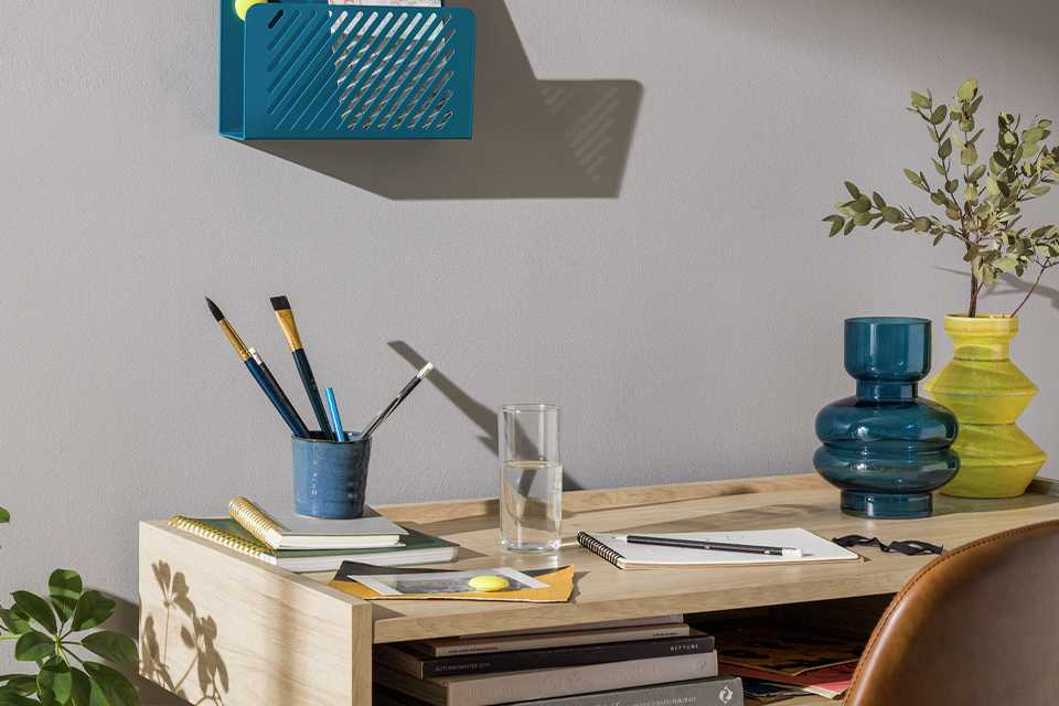 Skinny desk with shelves.