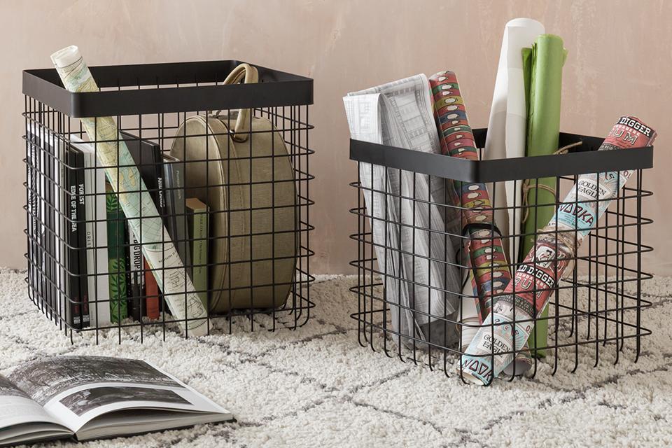Industrial look wire baskets.