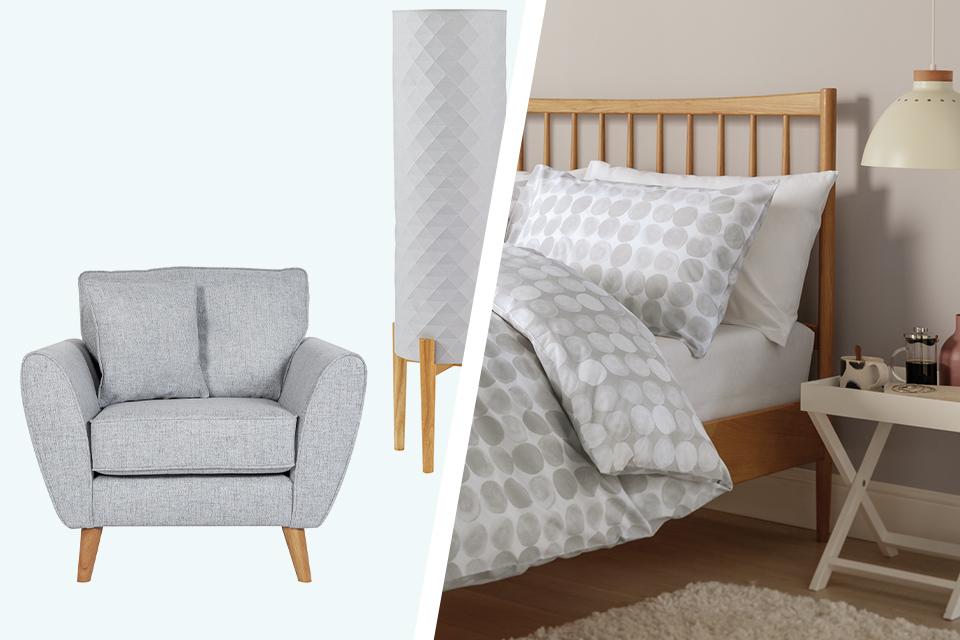Argos Home Isla fabric armchair, Skandi geometric column floor lamp and grey spot print bedding set in a Skandi room.