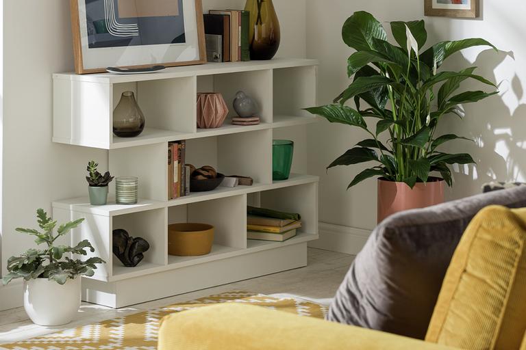 A white cube bookcase decorated with ornaments, plants, and art.