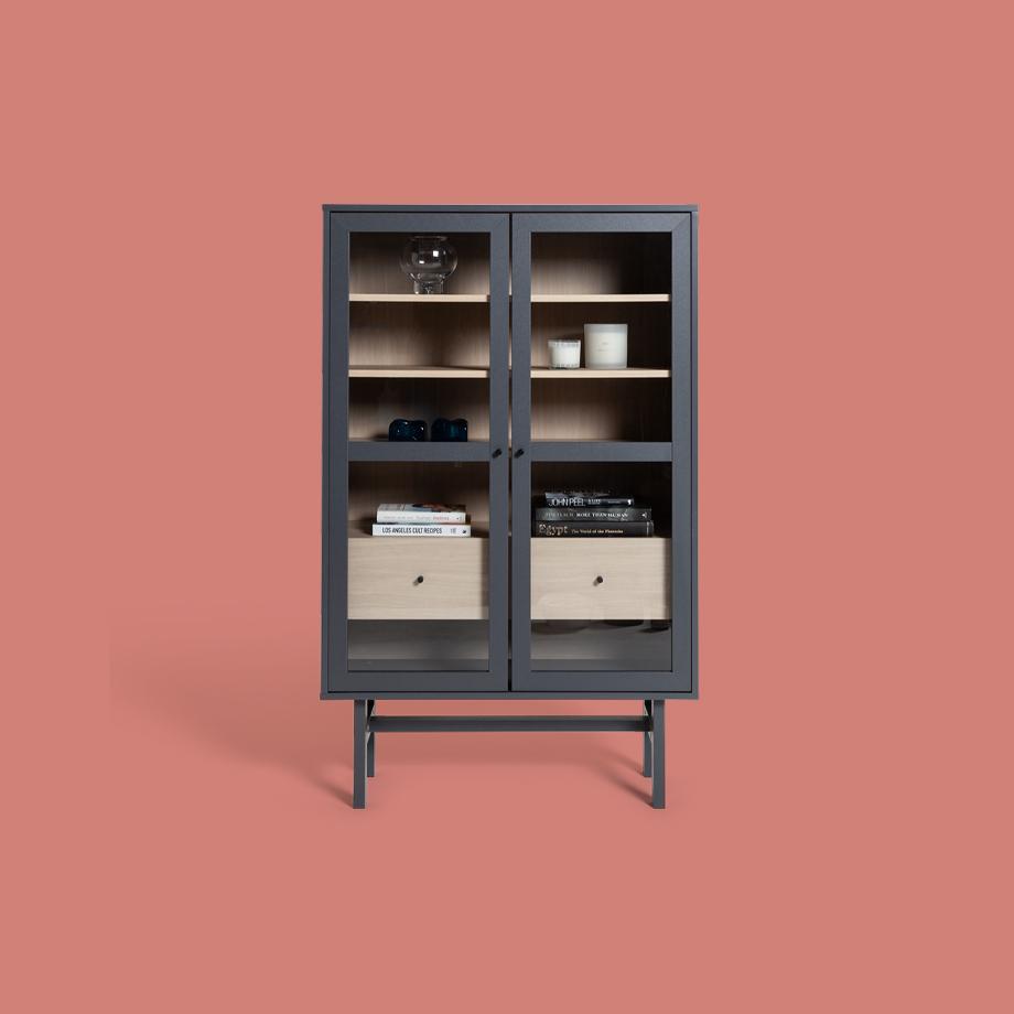 A dark grey display cabinet.