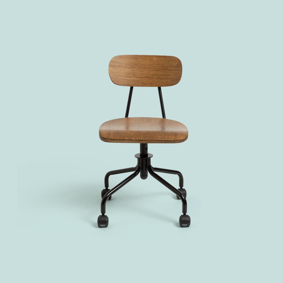 A black metal and wood effect desk chair.