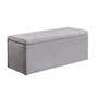 A white and wooden storage bench.