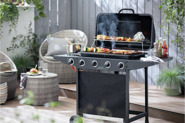 An Argos Home 4 burner gas BBQ with a side burner.