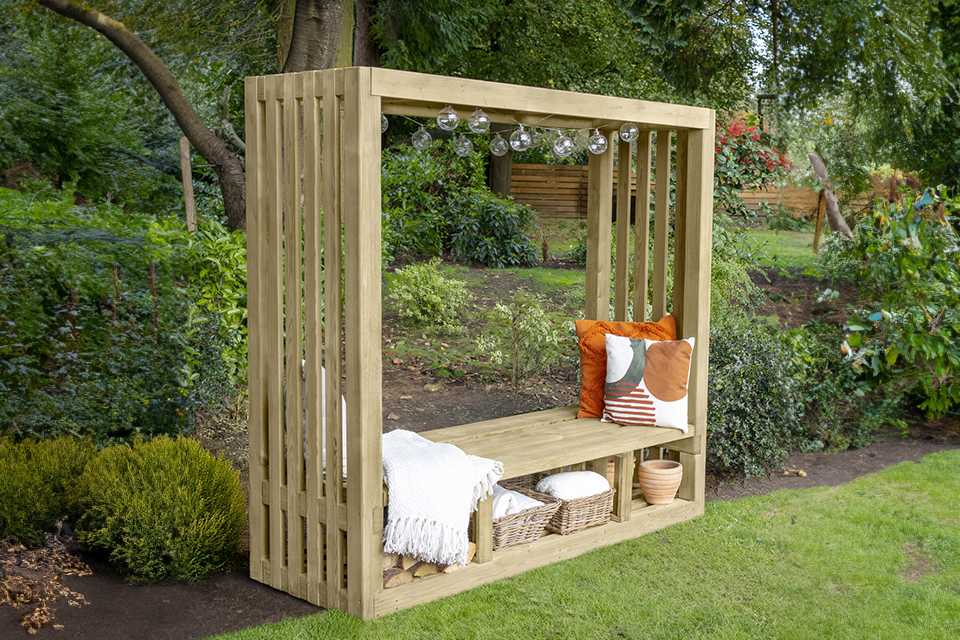 Forest Garden Amalfi 2 seater wooden garden arbour in natural finish placed outdoors.