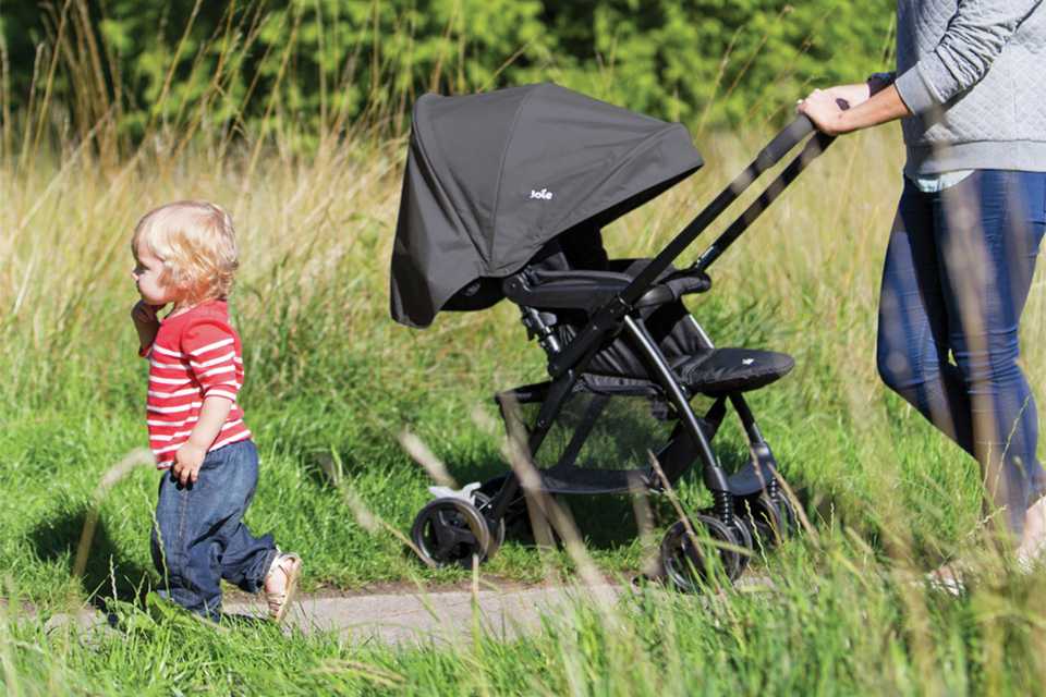 A woman and toddler with Joie Mirus Scenic Reversible Handle Stroller - Ember.