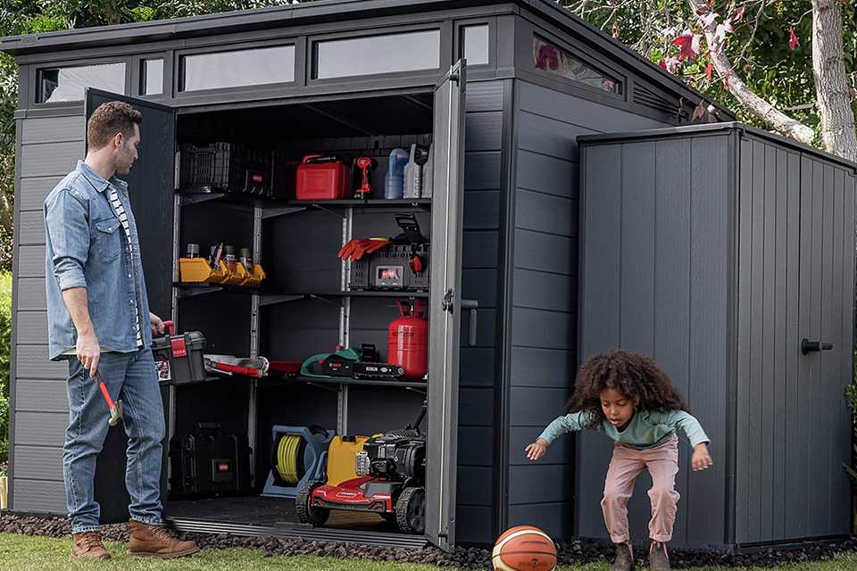 Keter 97cm shelving kit placed in a garden shed.