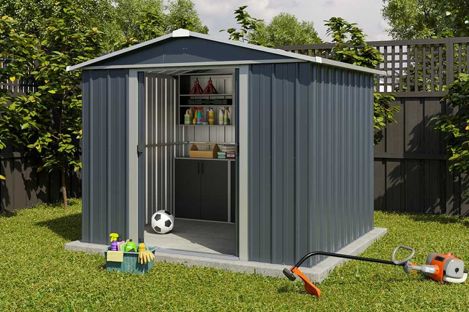 YardMaster Castleton metal Apex garden shed in grey colour placed outdoors.