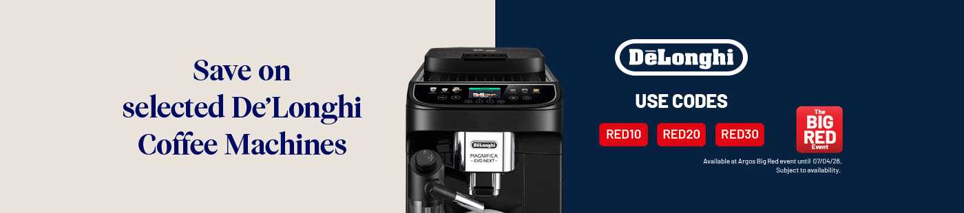 The Big Red Event. Save on selected De'Longhi coffee machines. Use codes RED10, RED20 and RED30.