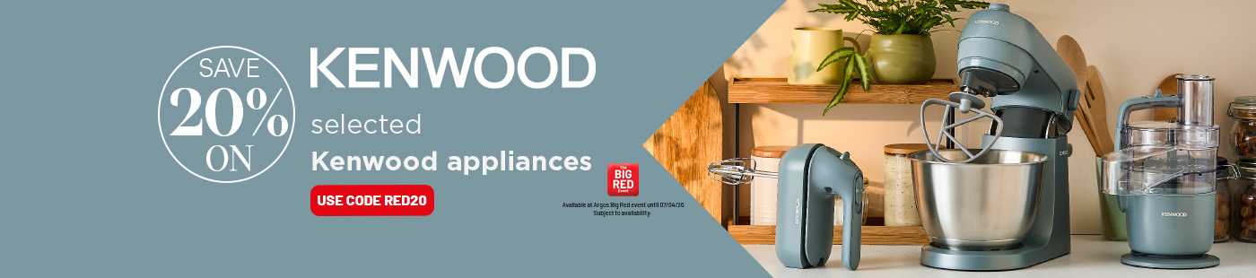 The Big Red Event. Kenwood. Save 20% on selected Kenwood appliances. Use code RED20.