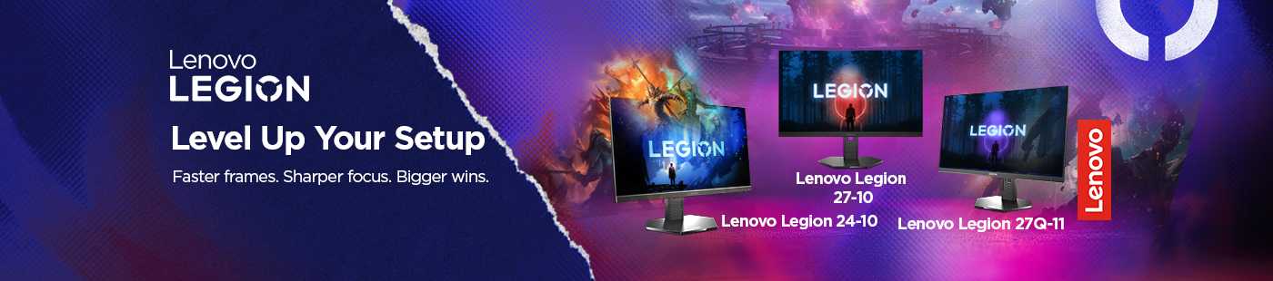Lenovo Legion. Level up your setup. Faster frames. Sharper focus. Bigger wins.