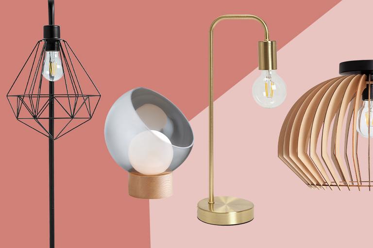 A collection of different style floor lamps, table lamps, and ceiling lights.