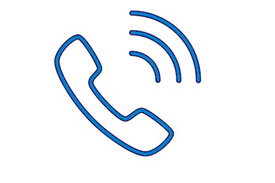 A blue outline of a telephone ringing against a white background.