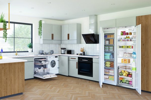 A modern, U-shaped, white modular kitchen with an ensemble of Bosch kitchen appliances.