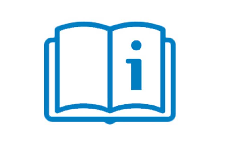 A blue outline of book with 'i' written on it signifying information.