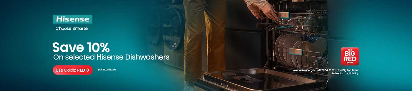 The Big Red Event. Save 10% on selected Hisense dishwashers. Use code: RED10.
