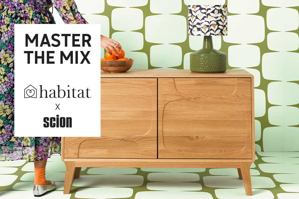 A Habitat x Scion table lamp and a headboard against a green signature background.