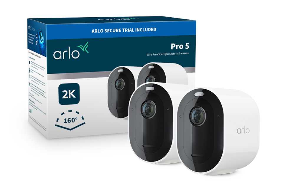 A pack of two white Arlo Pro 5 2K HDR outdoor security camera.