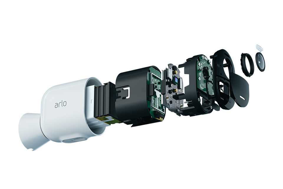Parts of an Arlo camera displayed to demonstrate the use of world class technology.